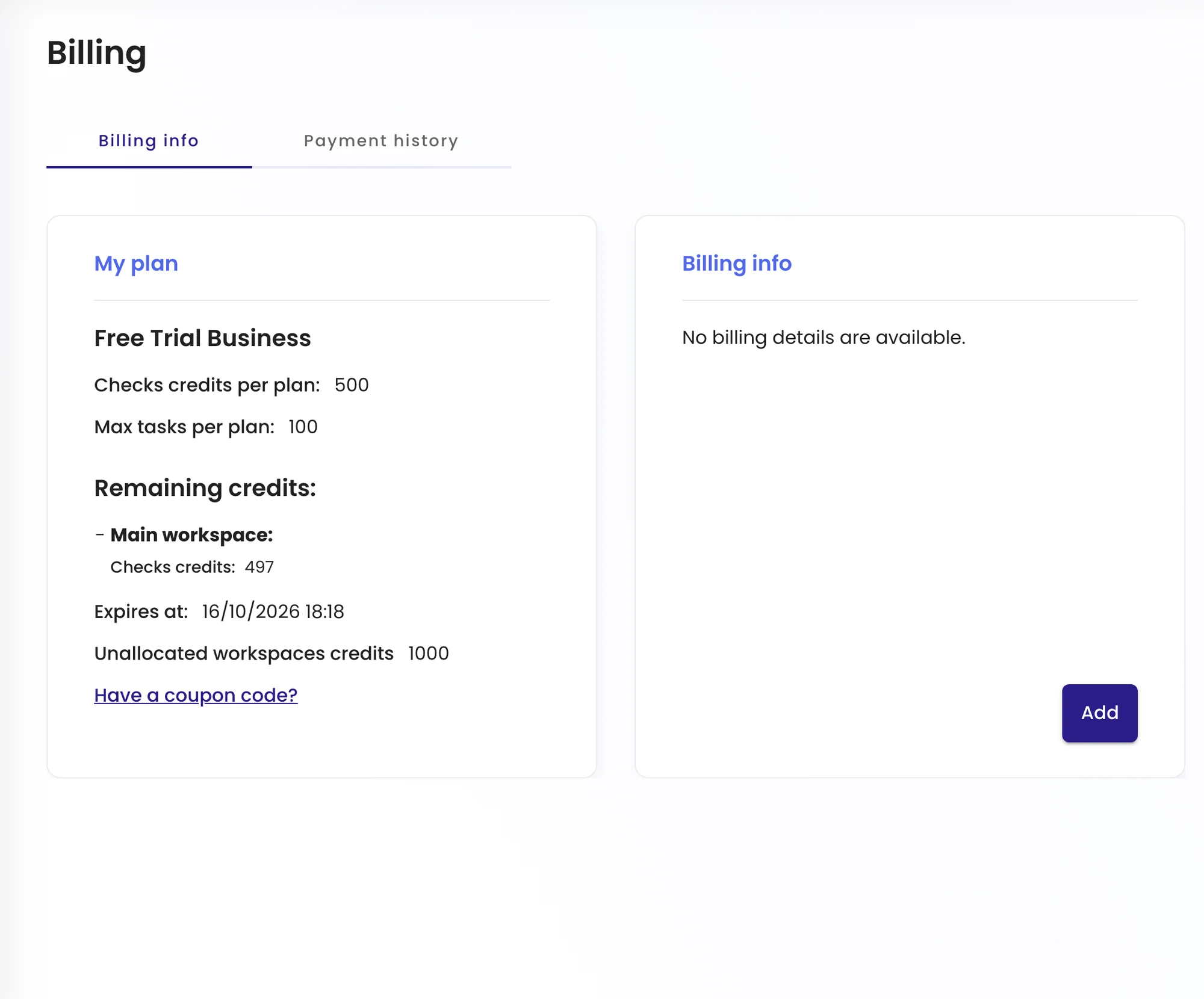 The Billing page showing the current plan, credits per workspace and billing details