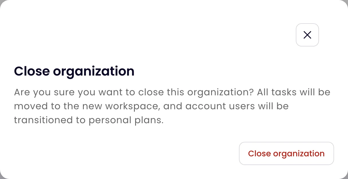 The Close organization dialog explaining that tasks move to a new workspace and users move to personal plans