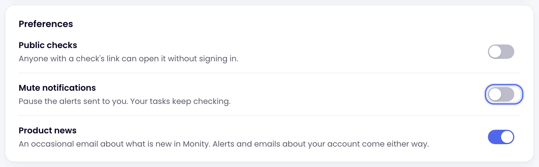 The Preferences card with Mute notifications highlighted: Pause the alerts sent to you. Your tasks keep checking.