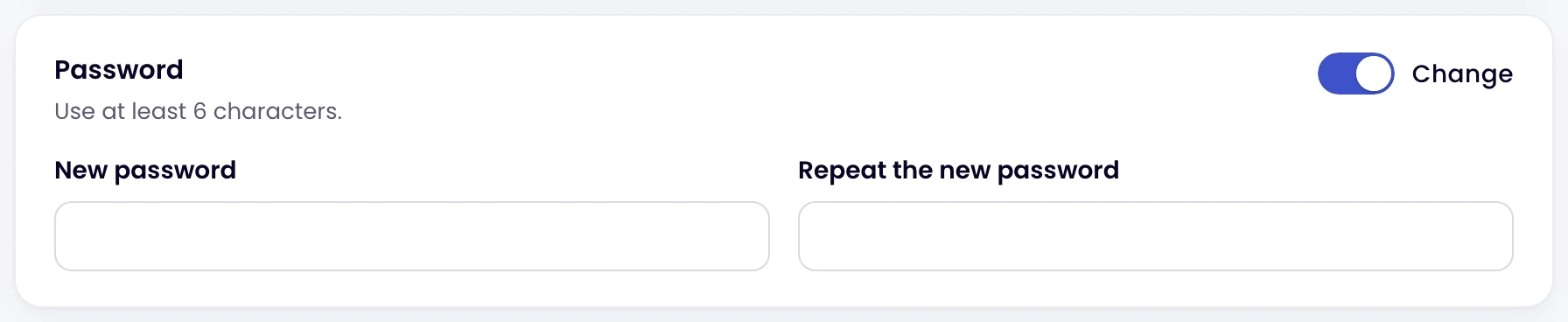 The Password card with Change switched on, and the New password and Repeat the new password fields
