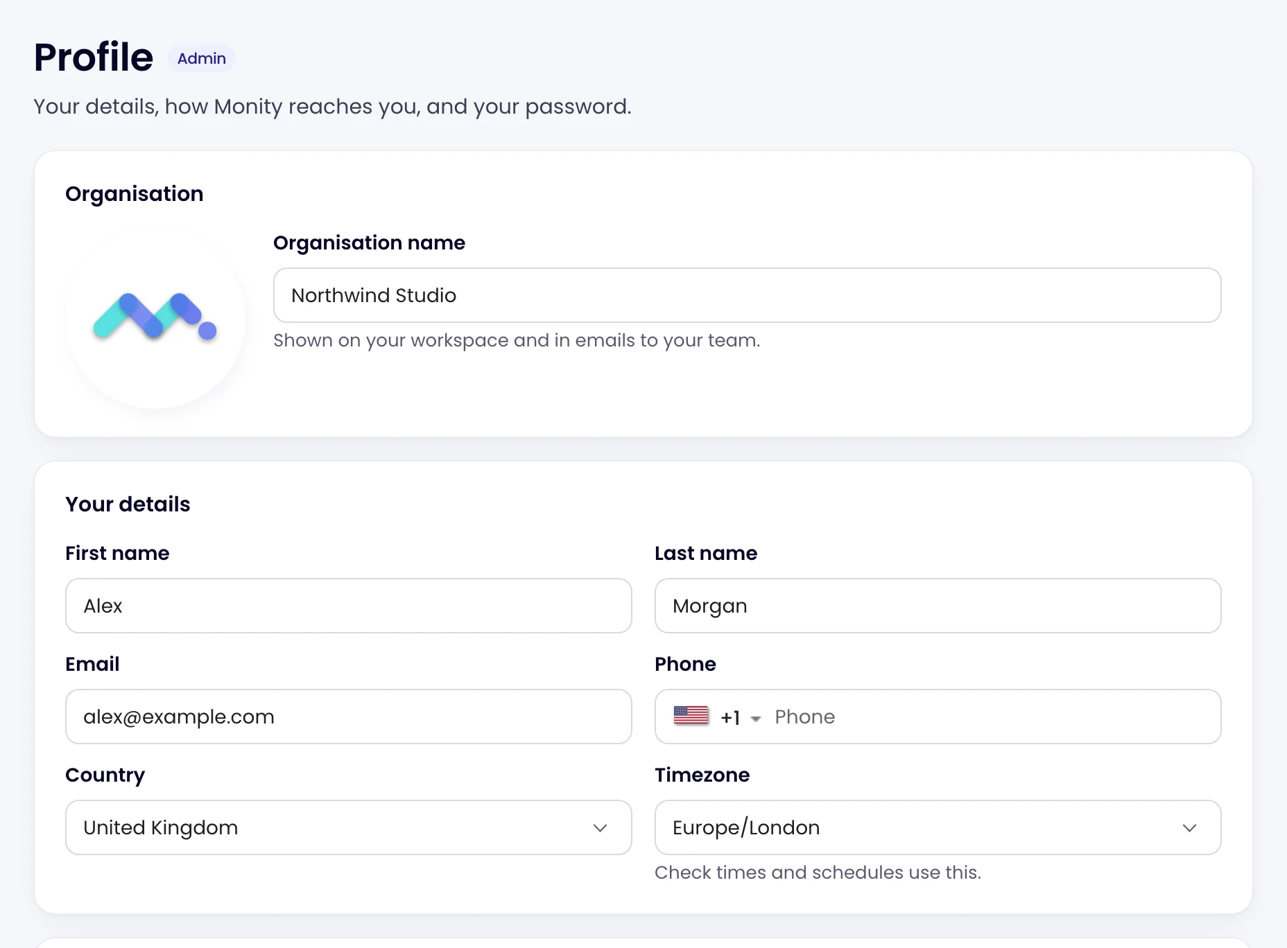 The Profile page with the Organisation card and the Your details card: first and last name, email, phone, country and timezone