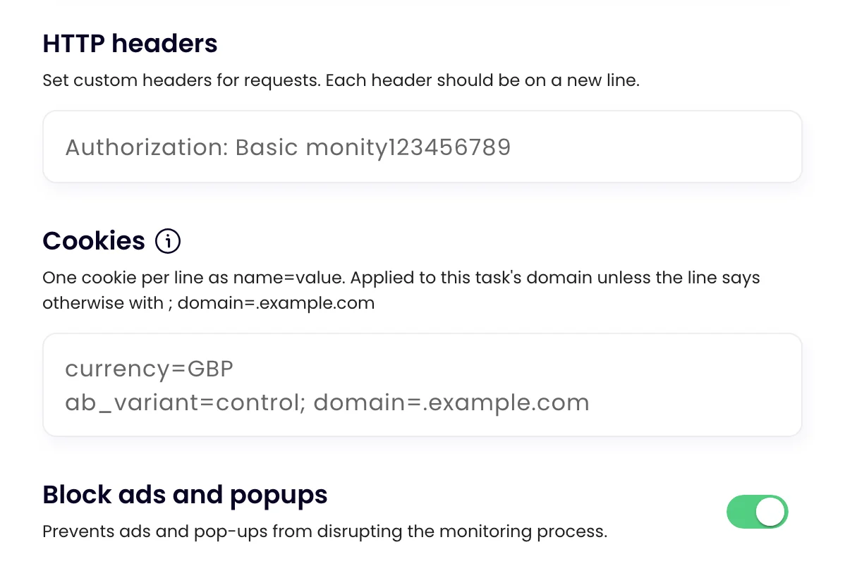 HTTP headers, Cookies and Block ads and popups on the Advanced tab