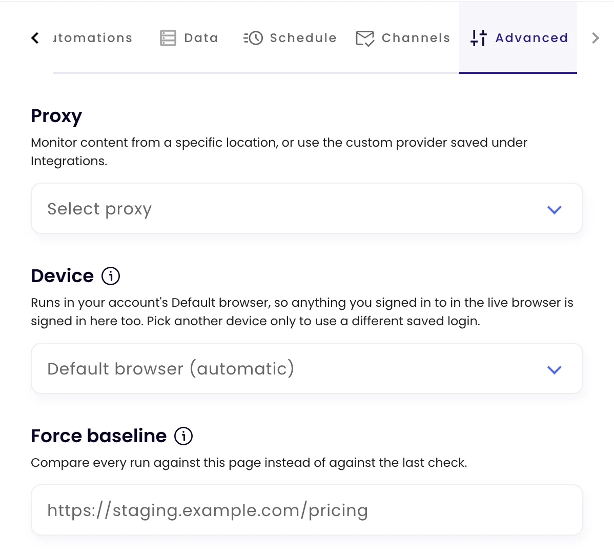 The top of the Advanced tab: Proxy, Device and Force baseline