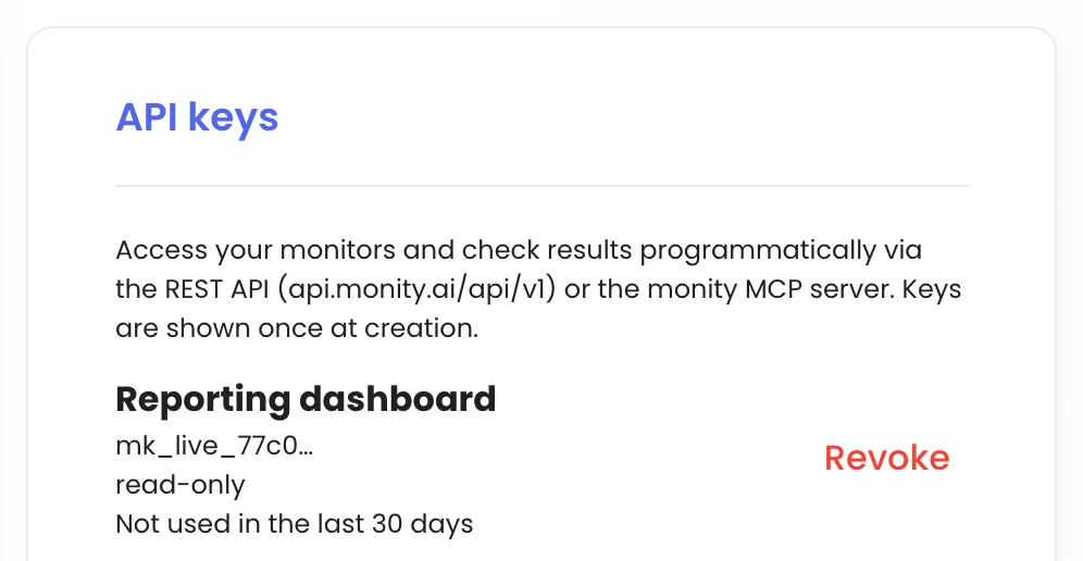 The API keys card with a read-only key named Reporting dashboard and a Revoke button