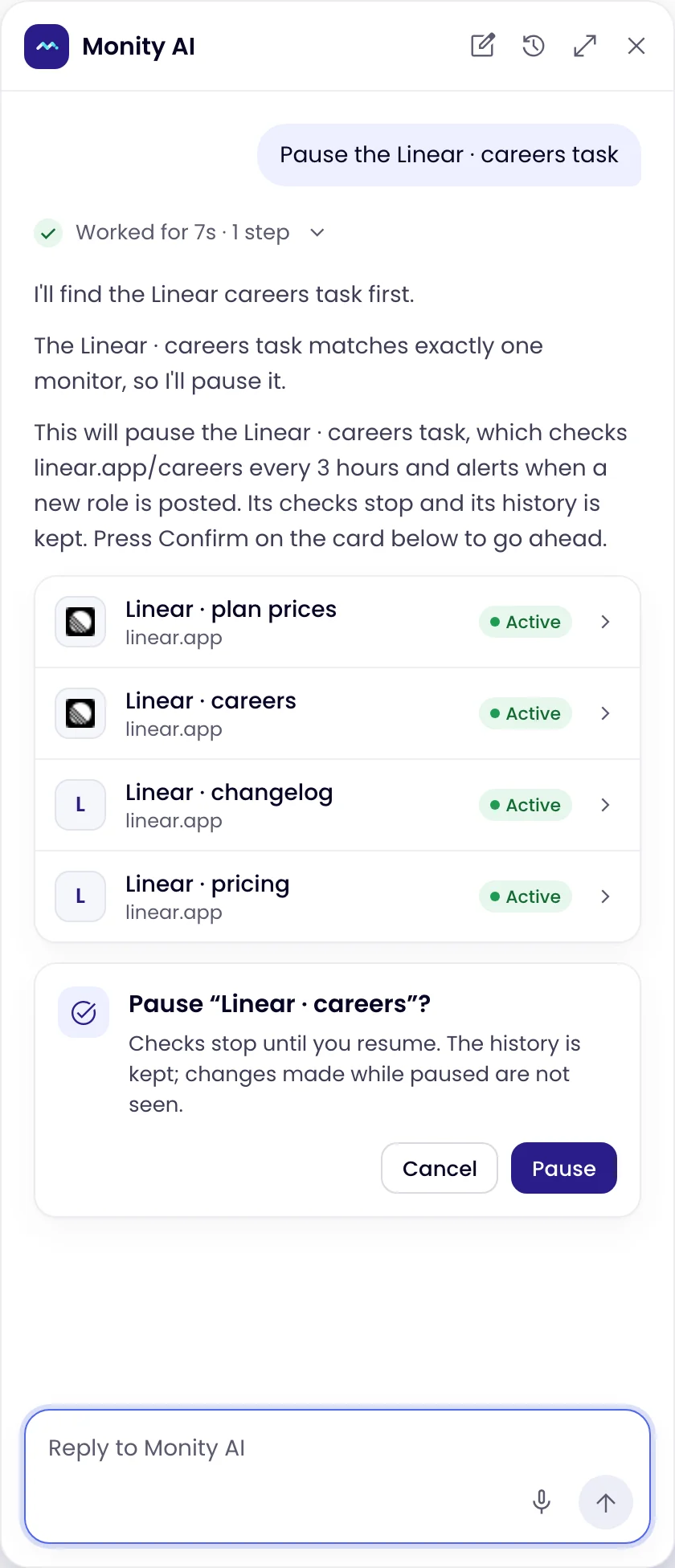 A Confirm card in the Monity AI panel asking to pause a task, with Cancel and Pause buttons