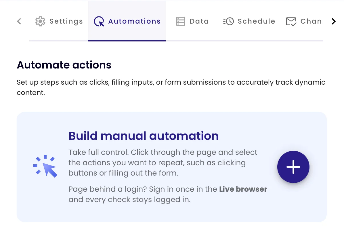 The Automations tab before any steps are added, with the Build manual automation option