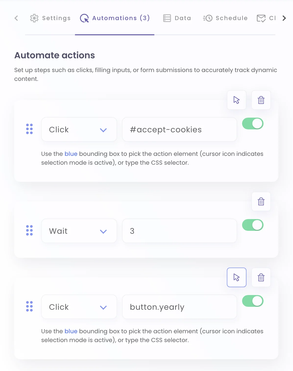 Three automation steps: click the cookie button, wait three seconds, click the yearly pricing toggle