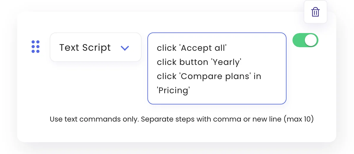 A Text Script step with three click commands
