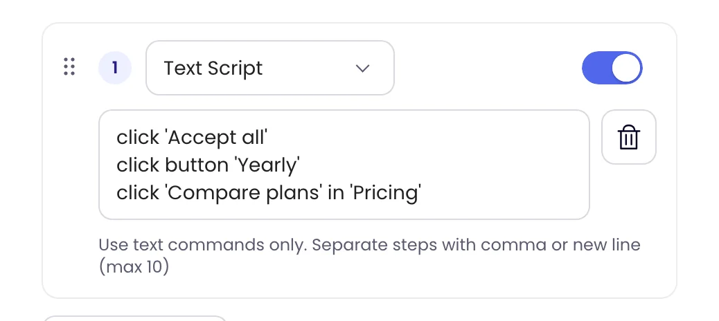 A Text Script step with three click commands