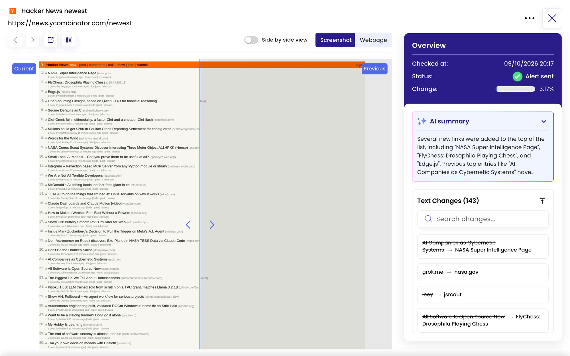 A Monity check of a news page: the screenshot, an AI summary of the new stories and the list of text changes