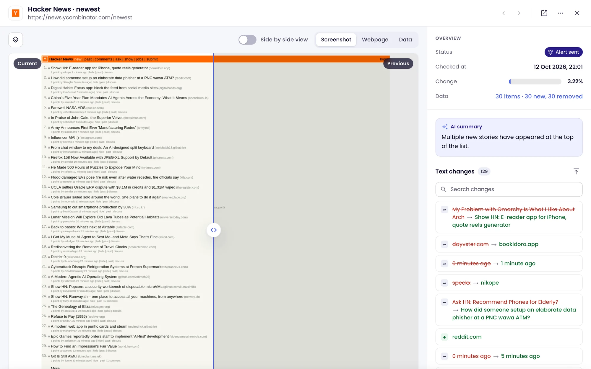 A Monity check of a news page: the screenshot, an AI summary of the new stories and the list of text changes