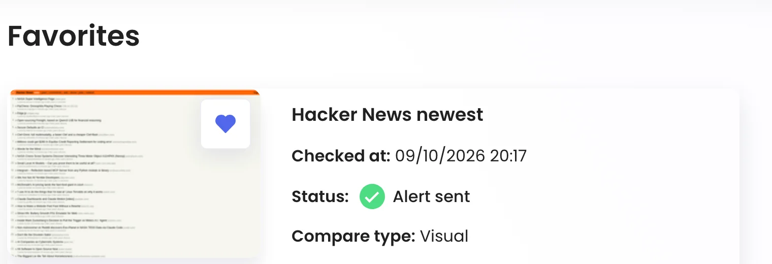 The Favorites page with one saved check from Hacker News