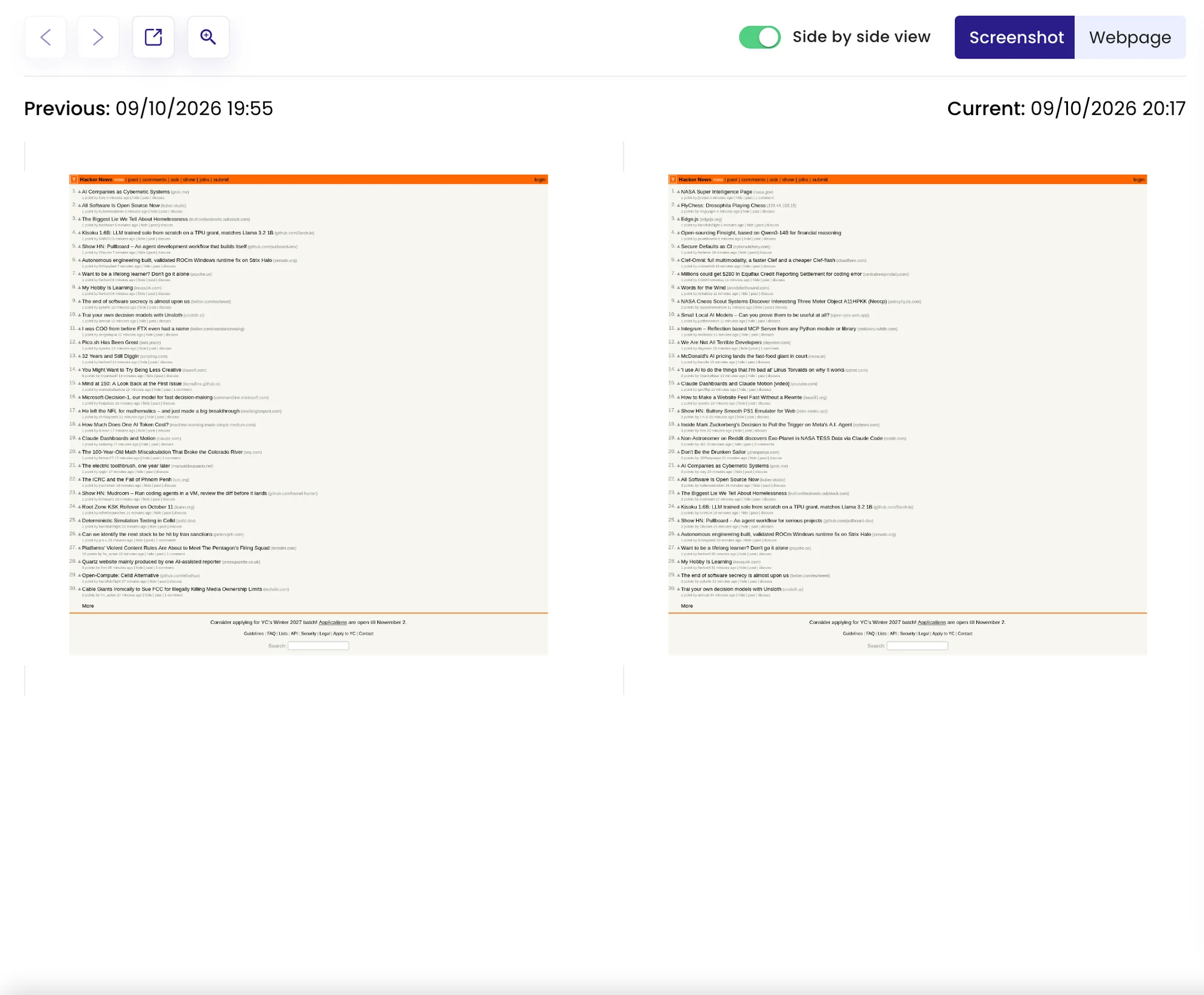 A check shown side by side: the page before and after, with the changed regions marked