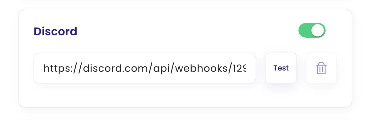 The Discord channel switched on with a webhook URL entered and a Test button