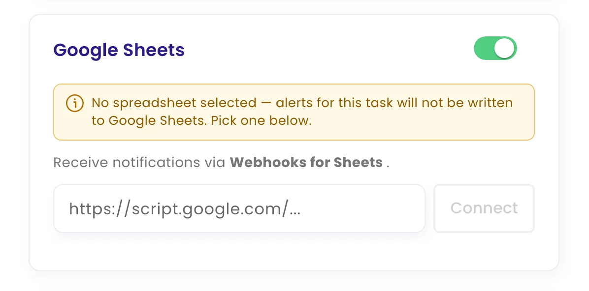 The Google Sheets channel on a monitor, with the script.google.com address and Connect