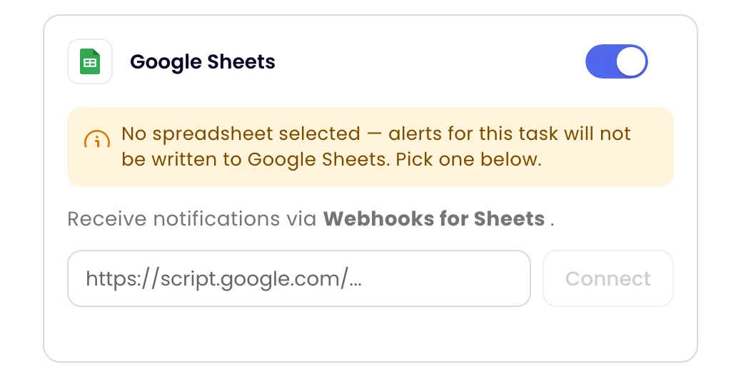 The Google Sheets channel switched on, with a field for the script.google.com address and a Connect button
