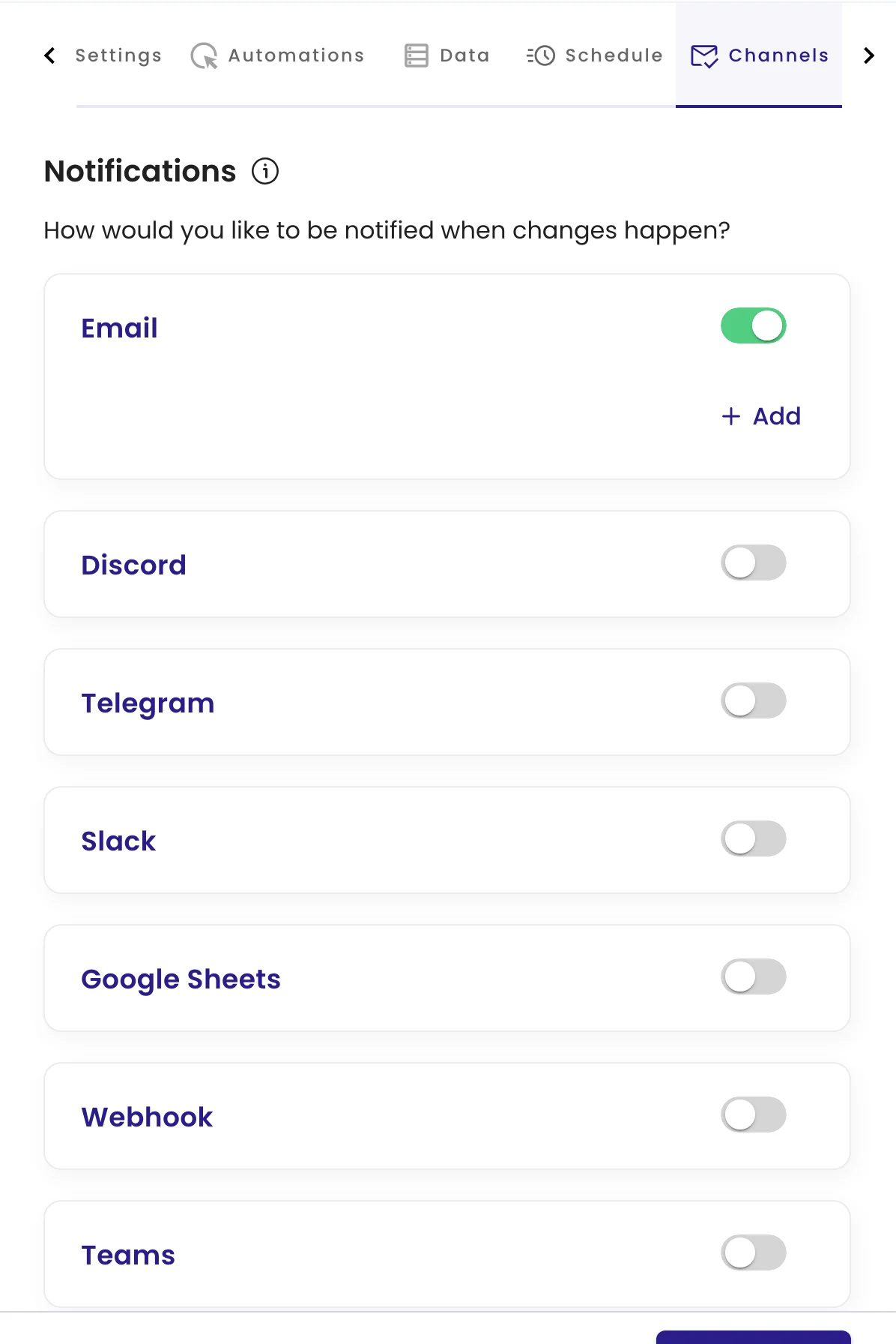 The Channels tab listing Email, Discord, Telegram, Slack, Google Sheets, Webhook and Teams with on/off switches