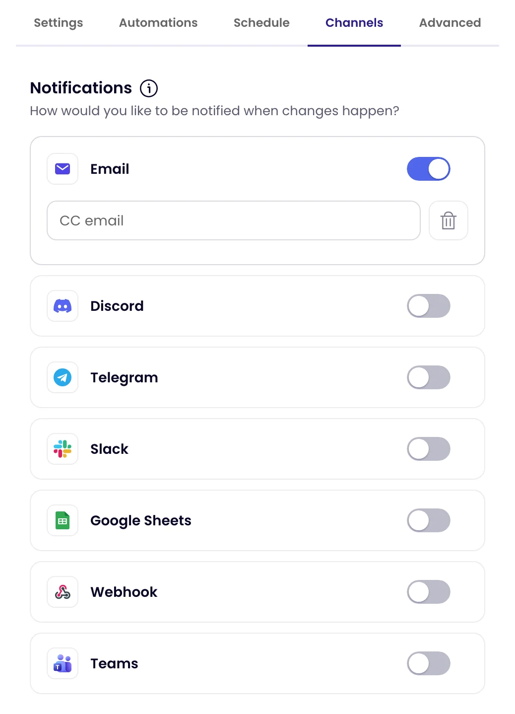 The Channels tab with a switch for each channel