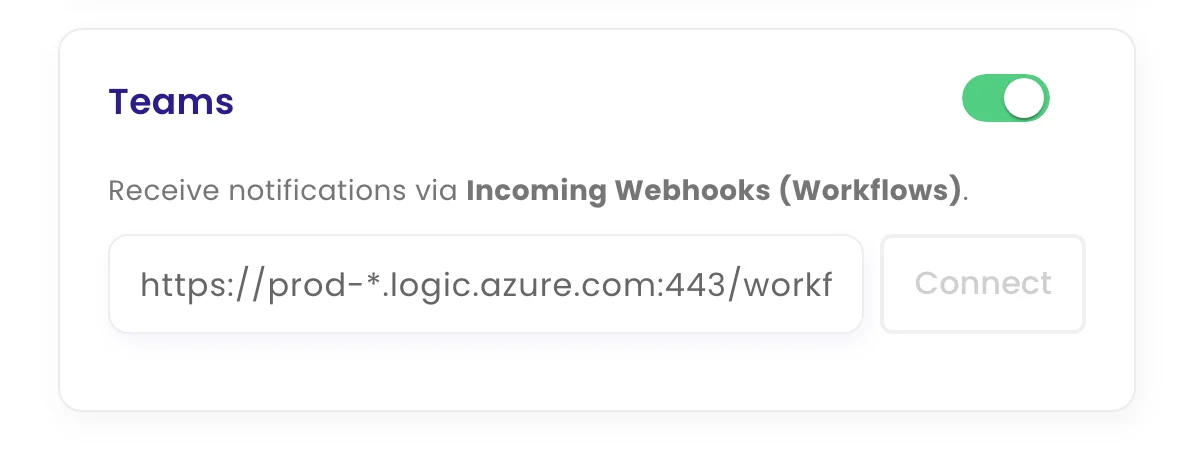 The Microsoft Teams channel on a monitor, with the workflow webhook address