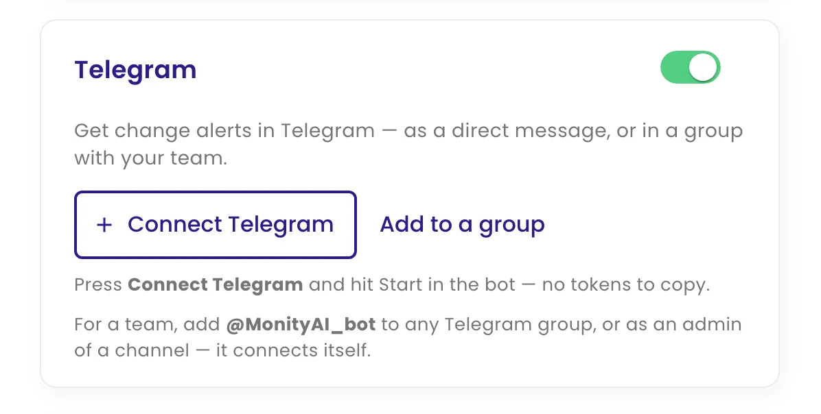 The Telegram channel with Connect Telegram and Add to a group buttons