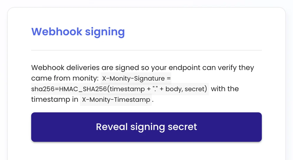 The Webhook signing card with the signature formula and a Reveal signing secret button