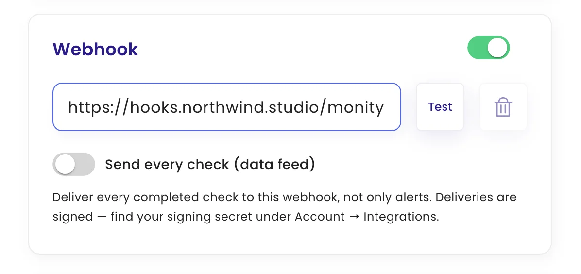 The Webhook channel with an endpoint URL, a Test button and the Send every check switch