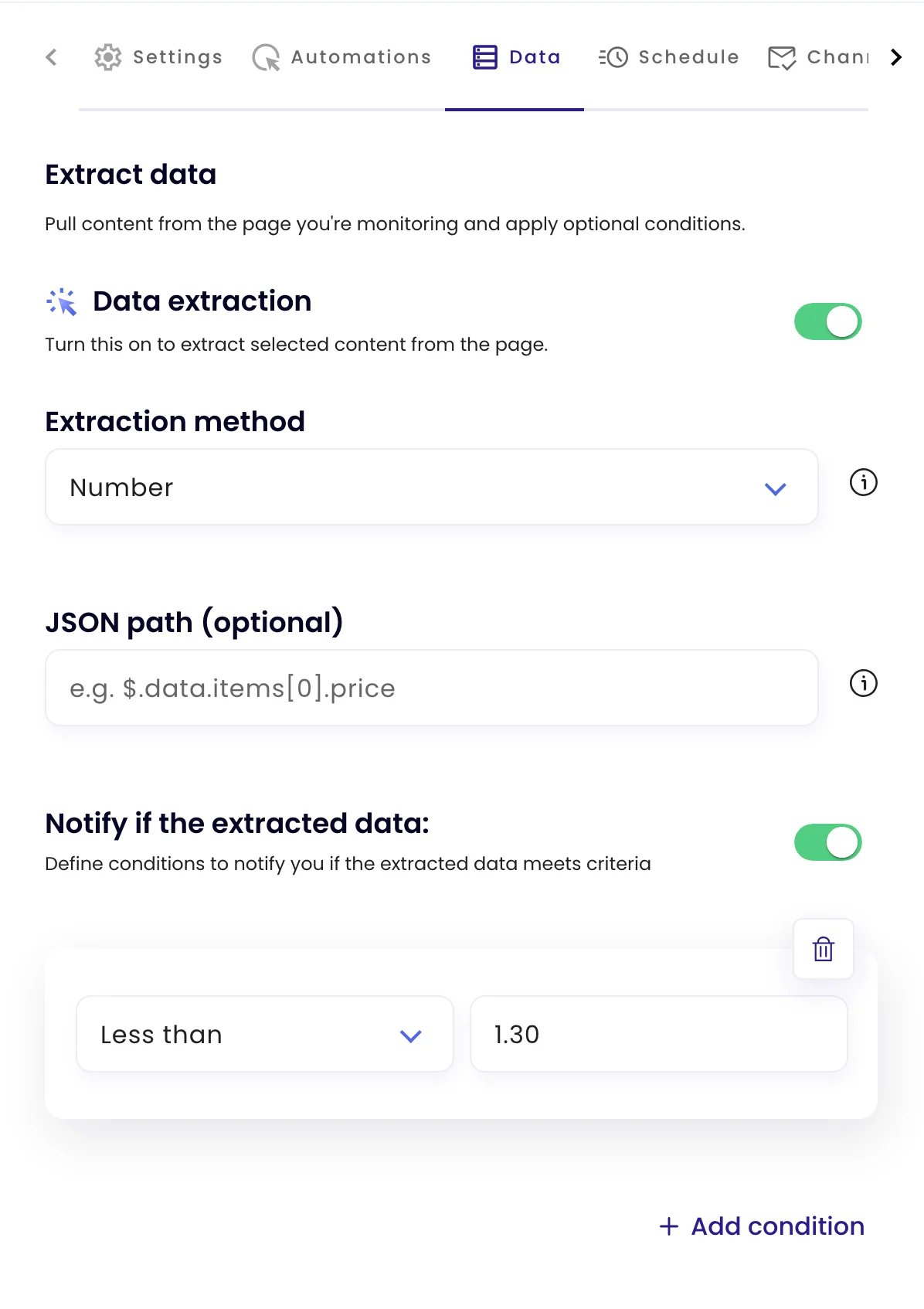 The Data tab with extraction on, Number as the method and a condition Less than 1.30