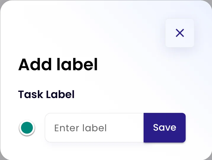 The Add label dialog with a colour picker, a name field and a Save button