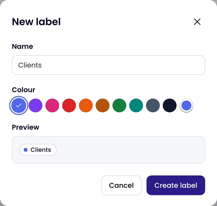 The New label dialog with a Name field, colour swatches, a preview and a Create label button