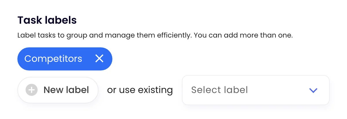 The Task labels field with a Competitors label, a New label button and a Select label menu