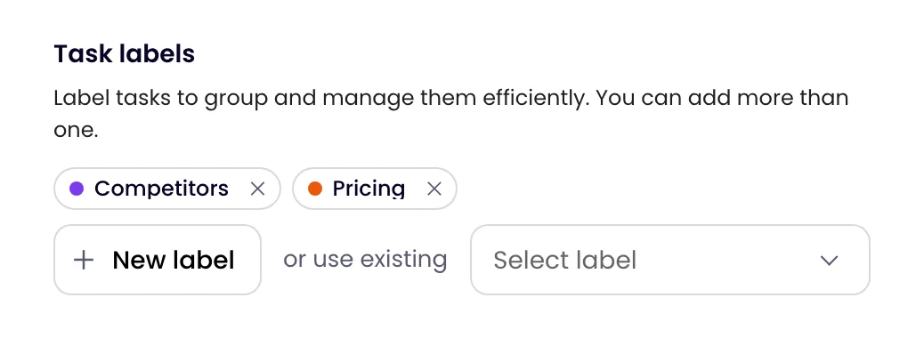 The Task labels field with a Competitors label, a New label button and a Select label menu