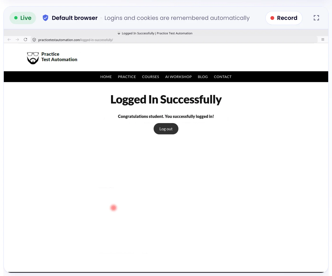 Monity’s live browser, signed in to a site, with “Logins and cookies are remembered automatically”