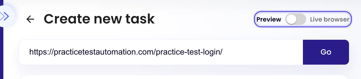 The Preview and Live browser switch above the page address in the task editor