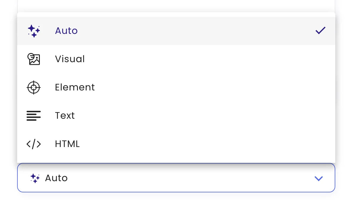 The Monitoring mode menu open, listing Auto, Visual, Element, Text and HTML