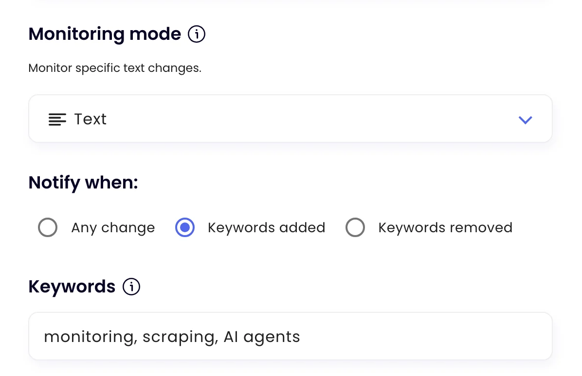 Text mode settings with keywords to watch and the choice of alerting when they are added or removed