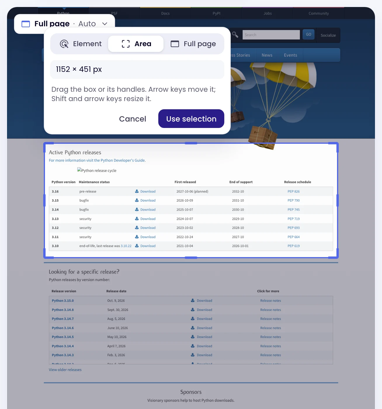 The page preview with the area box and its corner brackets around the pricing plans, the rest of the page dimmed