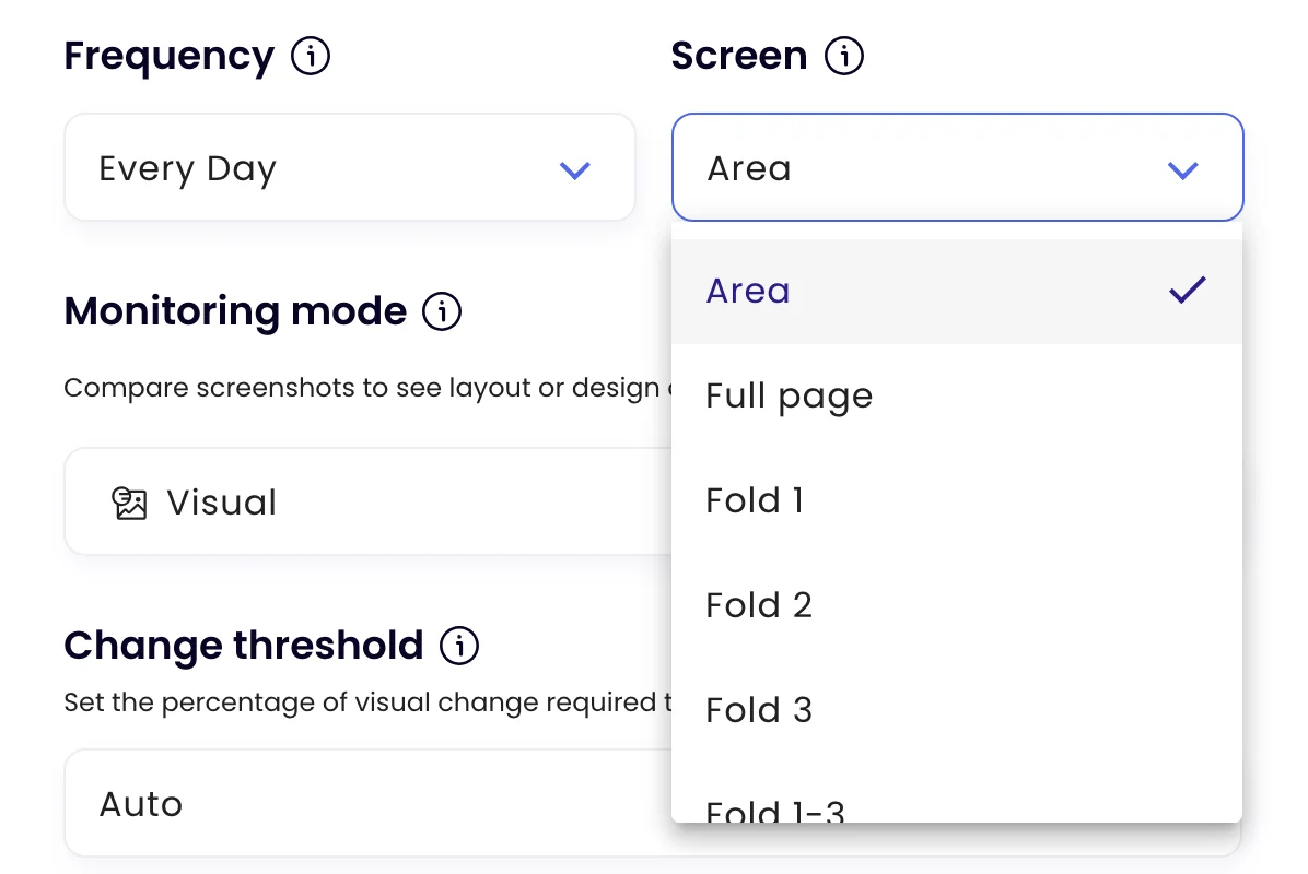 The Screen menu in Visual mode: an area, the full page or one of the first three folds