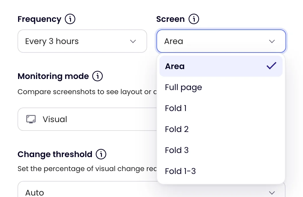 The Screen menu in Visual mode: an area, the full page or one of the first three folds
