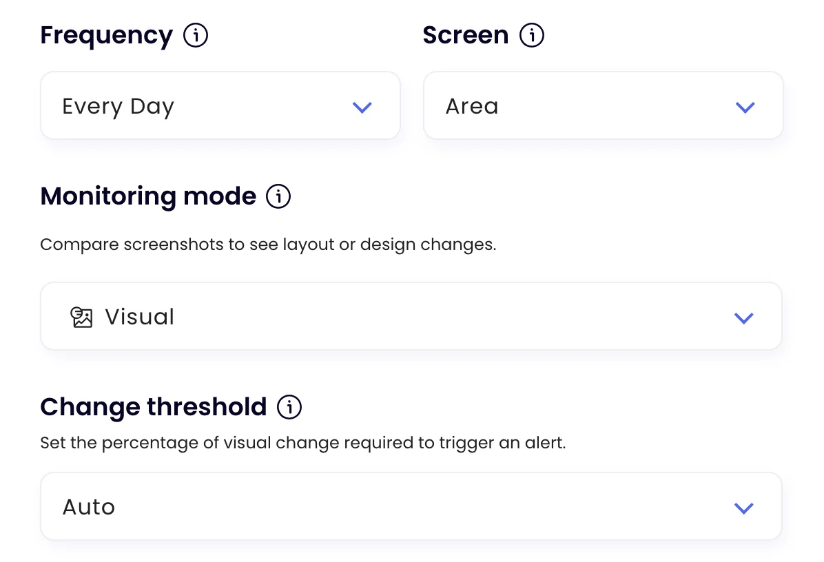 Visual mode settings: frequency, screen, monitoring mode and change threshold