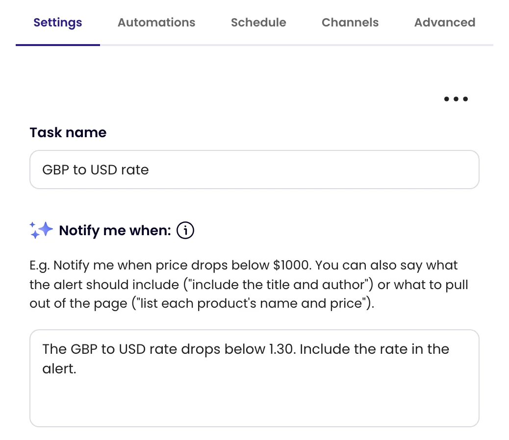 The task’s Settings tab with a Notify me when rule that asks for the rate to be included