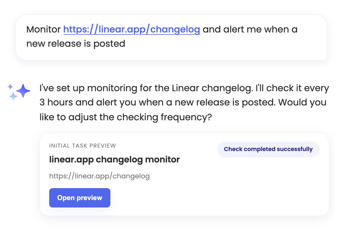 The task editor showing the loaded page on the left and the assistant's confirmation on the right