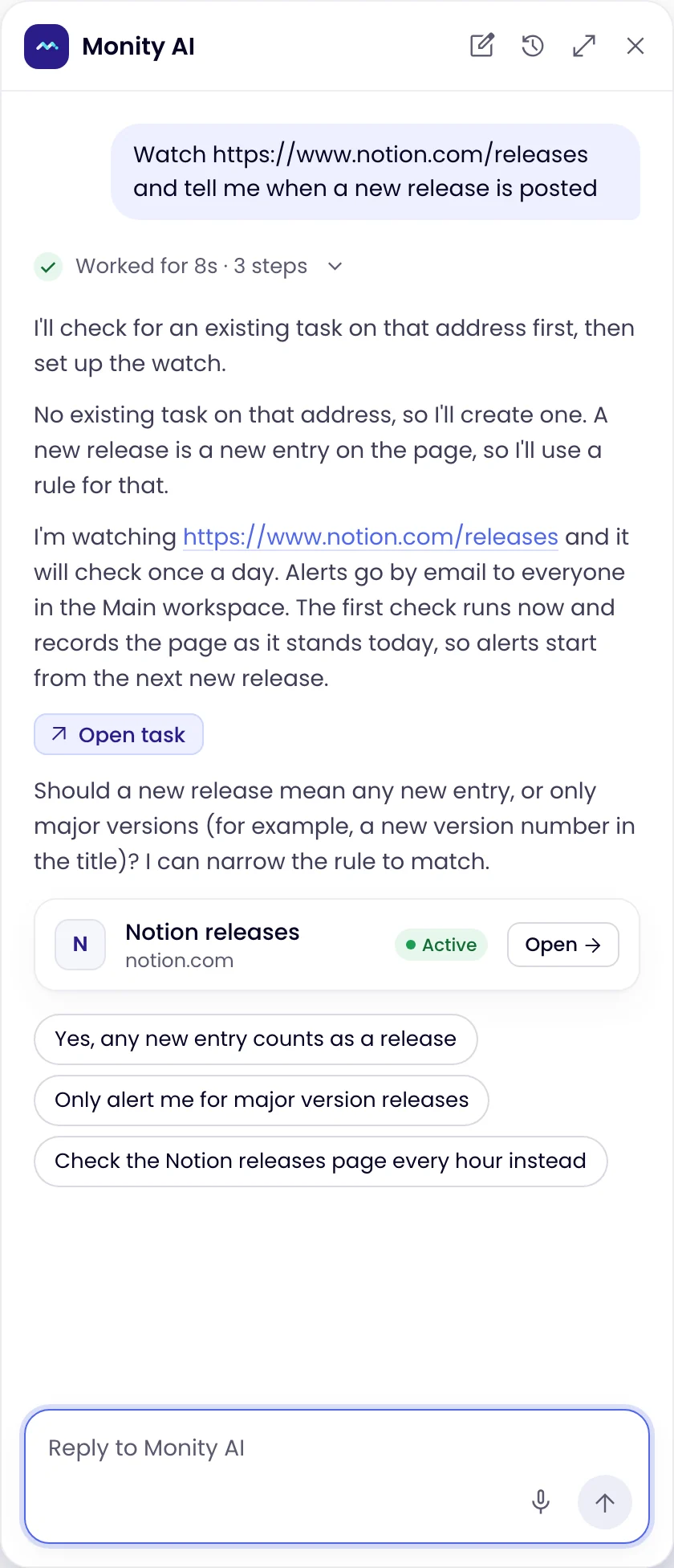 The Monity AI panel with the request, the steps it took and its answer naming the new task