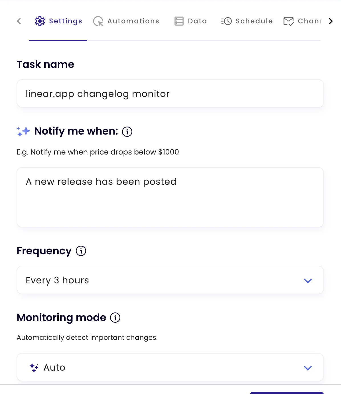 The Settings tab with a Notify me when rule: A new release has been posted