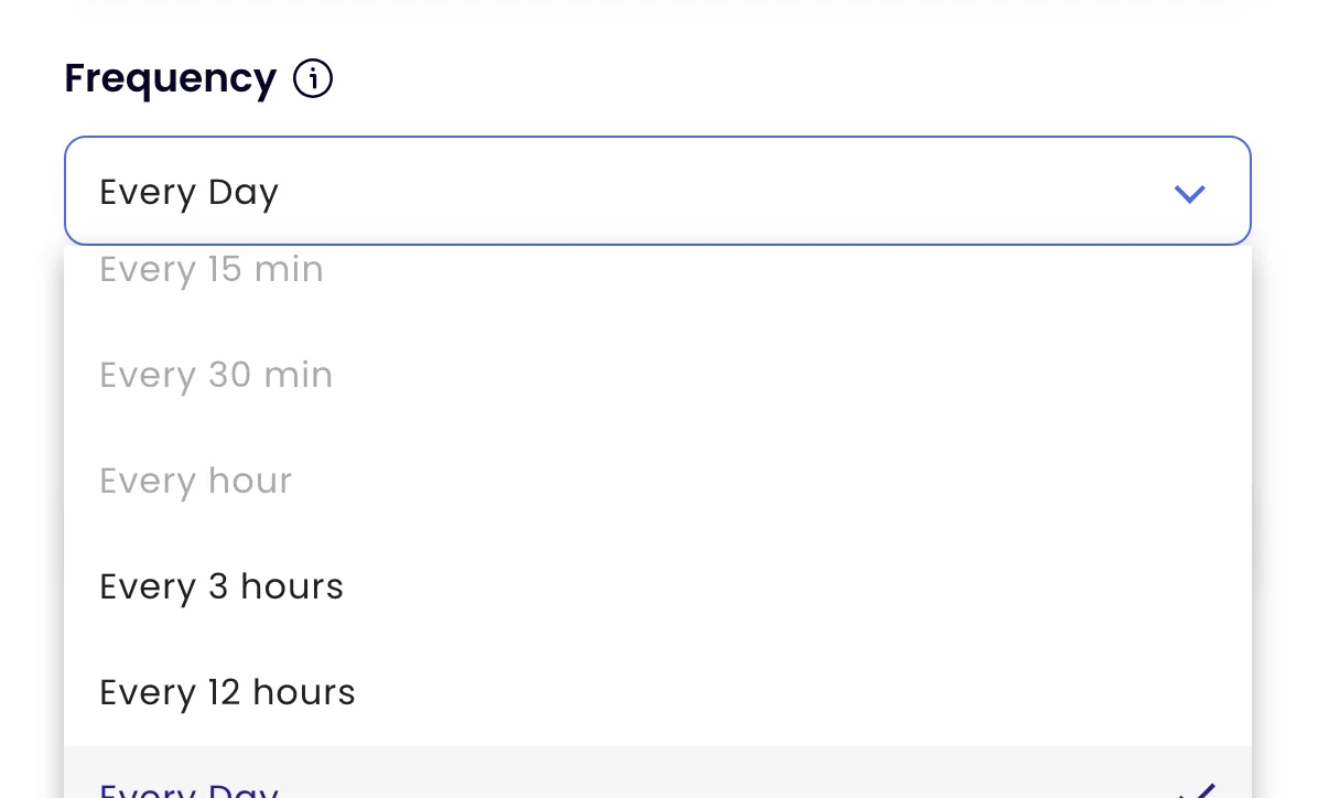 The Frequency menu of a task: every 15 minutes, 30 minutes, hour, 3 hours, 12 hours or day