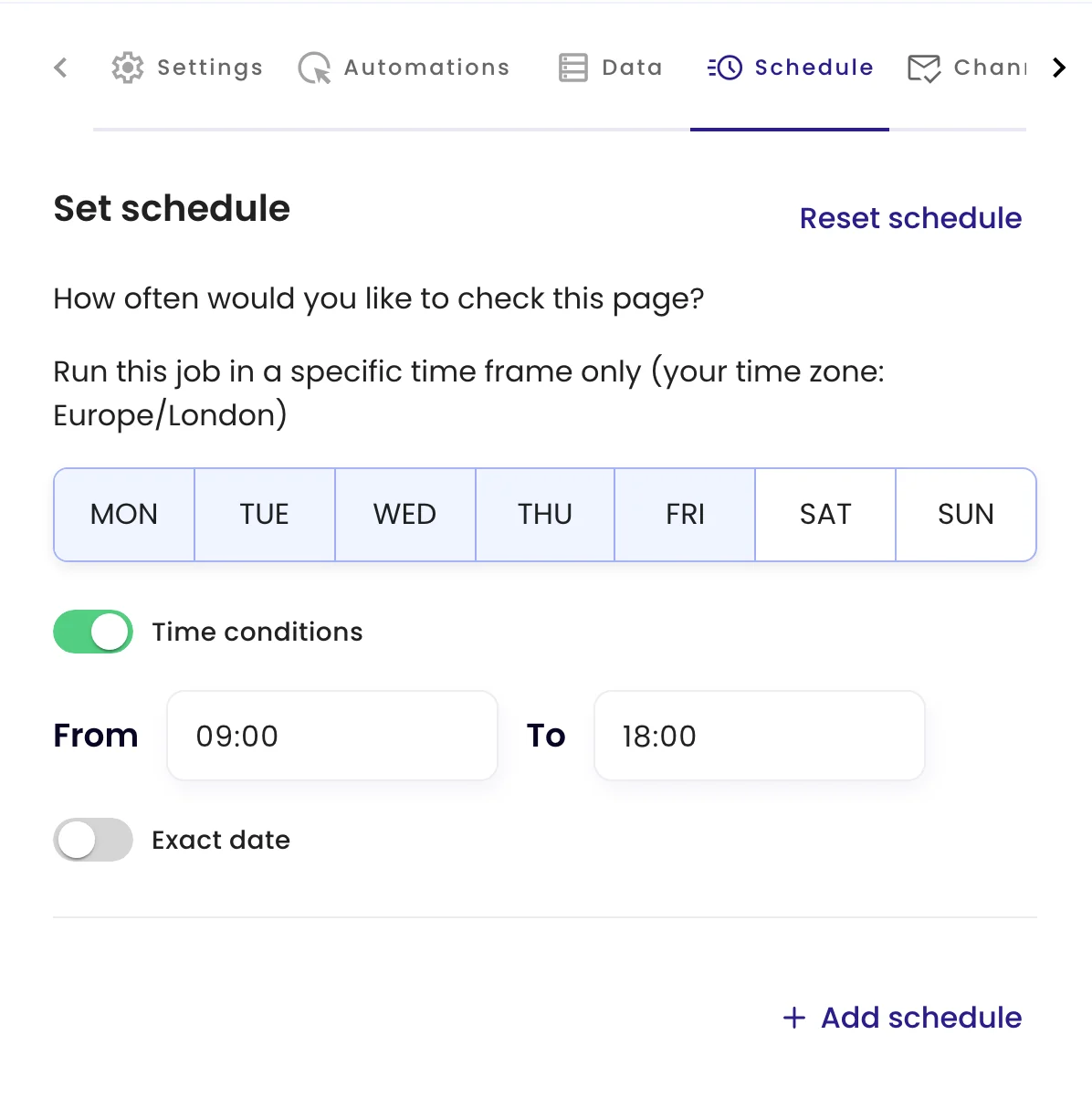 The Schedule tab with weekdays selected and a time window from 09:00 to 18:00