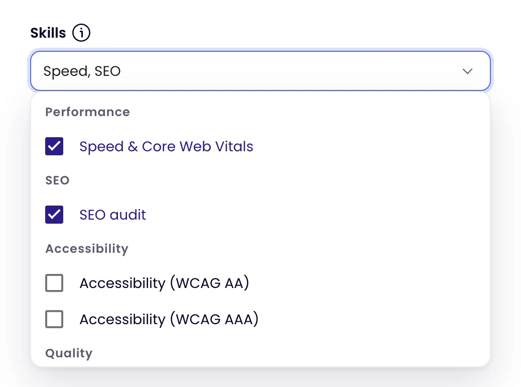 The Skills list open, grouped by Performance, SEO, Accessibility and Quality, with Speed & Core Web Vitals and SEO audit ticked