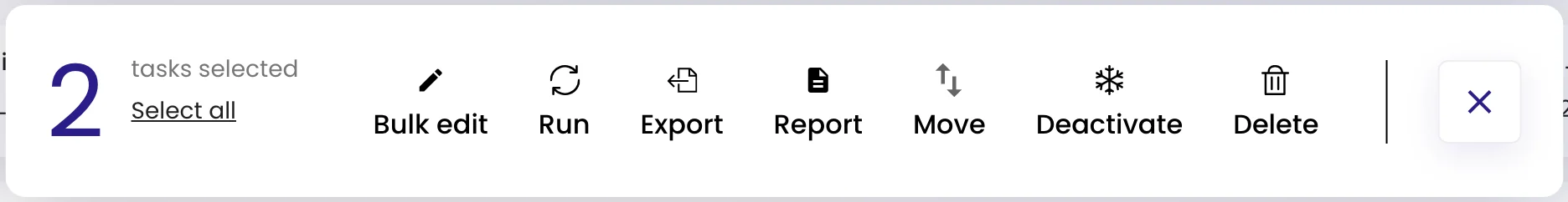 The selection bar showing two tasks selected and the available actions