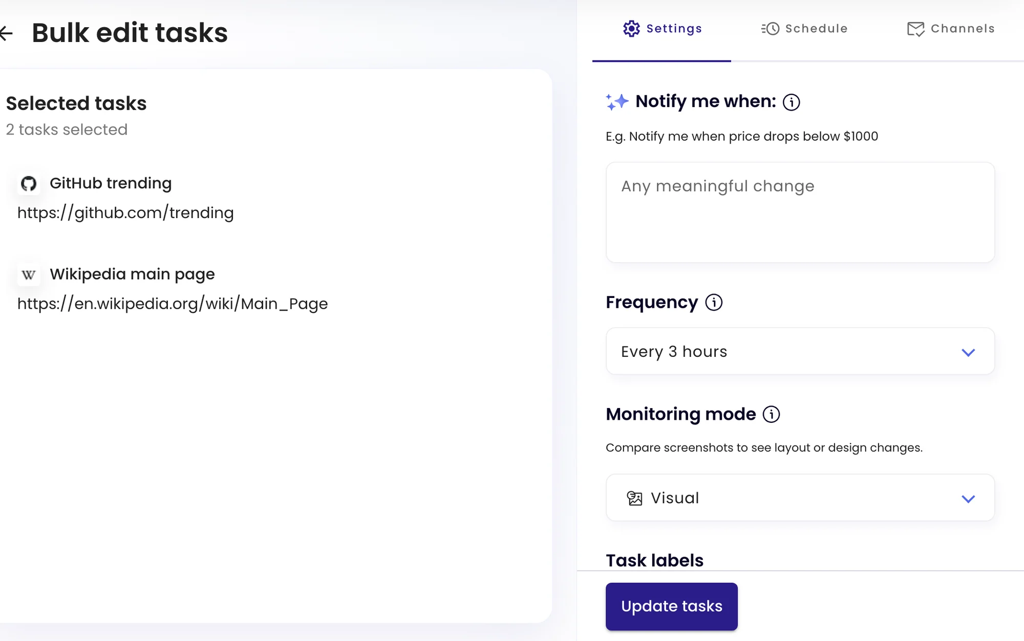 The Bulk edit tasks page with two selected tasks on the left and shared settings on the right