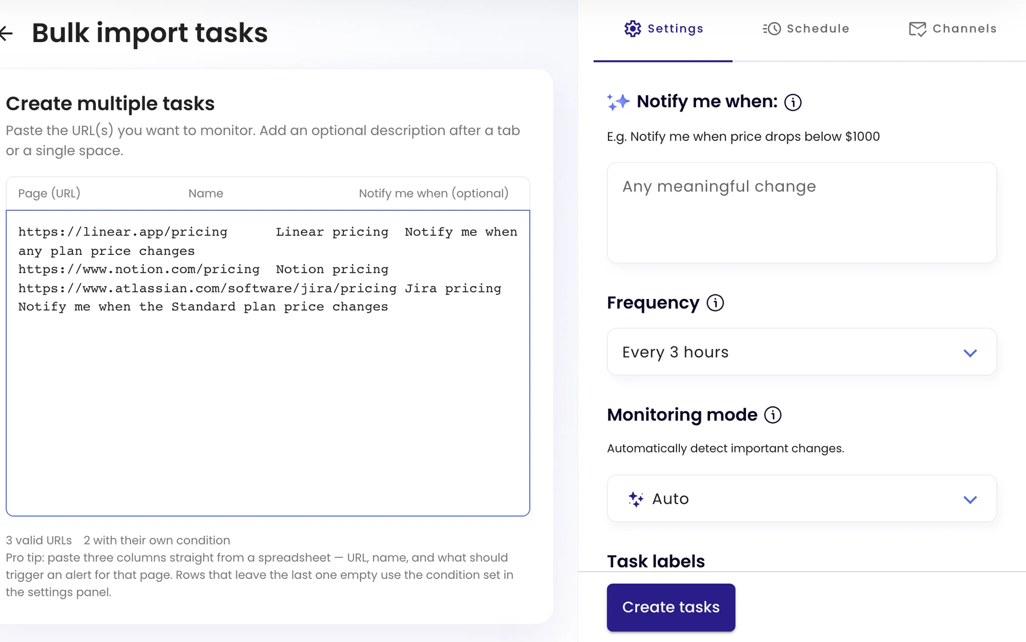The Bulk import tasks page with three pasted rows and the settings panel on the right
