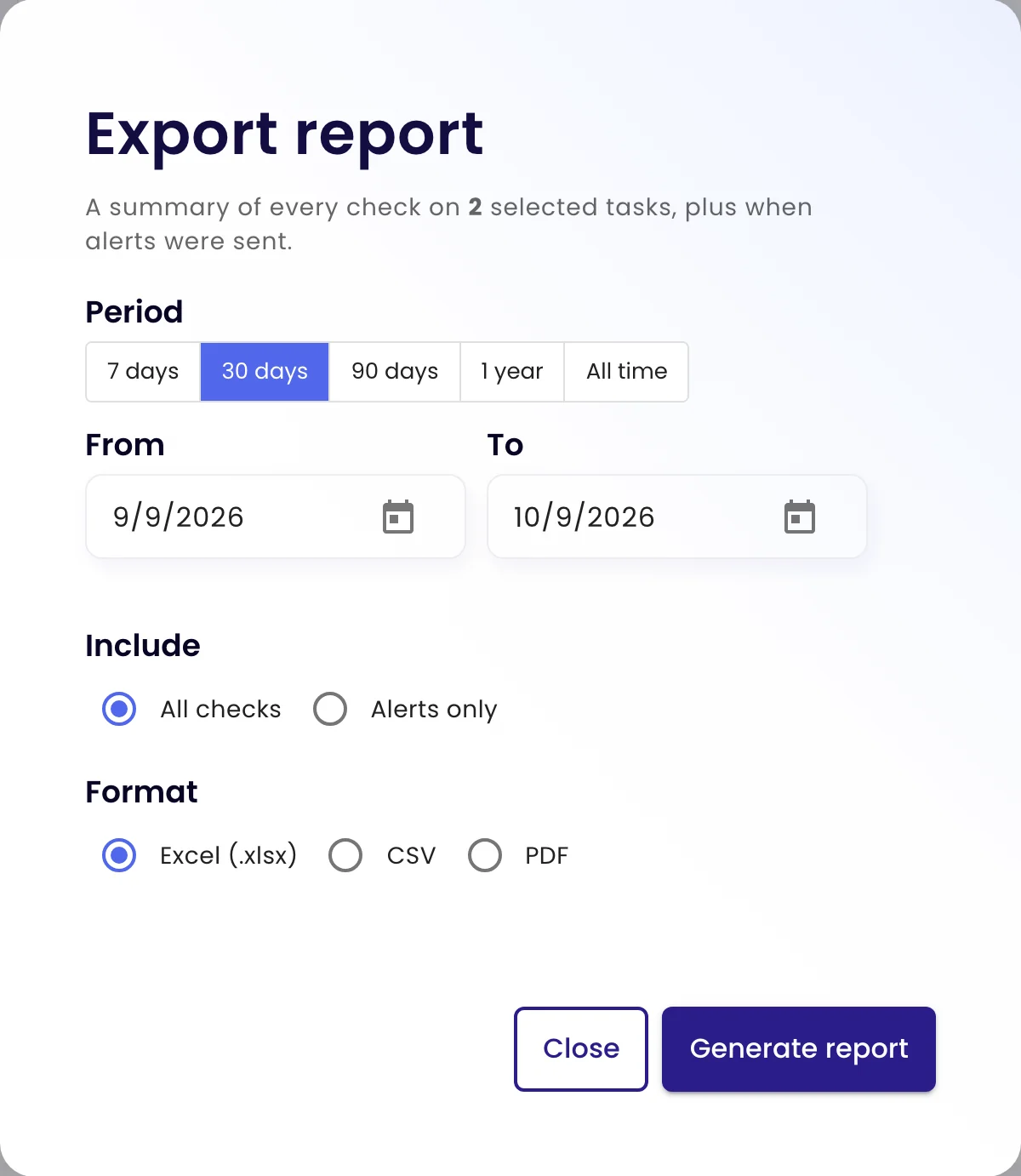 The Export report dialog with period, include and format options